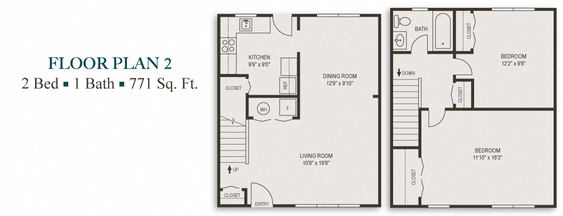 Floor plan for 2 beds, 1 bath, 771 sqft